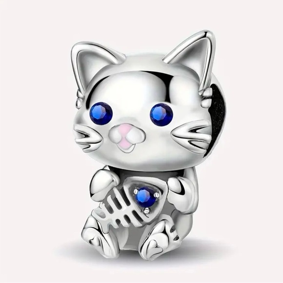 Jewelry - Sterling Silver Fishbone Cat Charm with Blue Accents